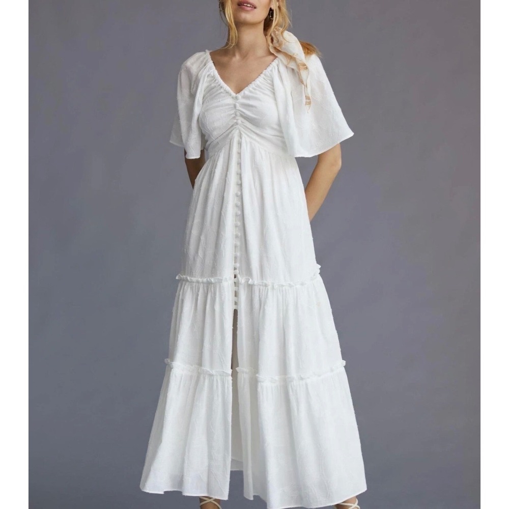 Anthropologie Maxi Dress Women M White Excellent Tiered Flutter Sleeve  Flutter